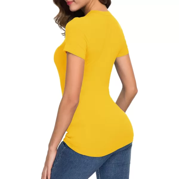 Urban CoCo Womens Basic Slim Fitted Tee Tops Short Sleeve Stretchy Bodycon VNeck Tight TShirtYellow