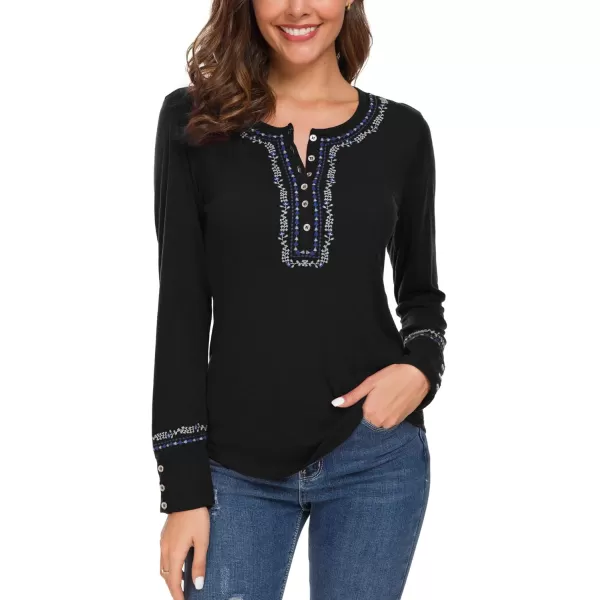 Urban CoCo Womens Long Sleeve Boho Shirt Embroidered TopBlack