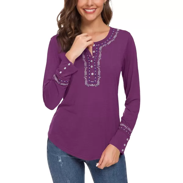 Urban CoCo Womens Long Sleeve Boho Shirt Embroidered TopGrape Purple
