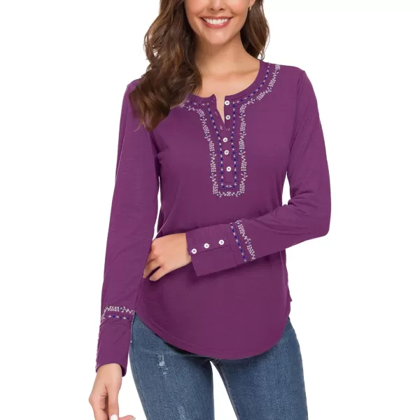 Urban CoCo Womens Long Sleeve Boho Shirt Embroidered TopGrape Purple