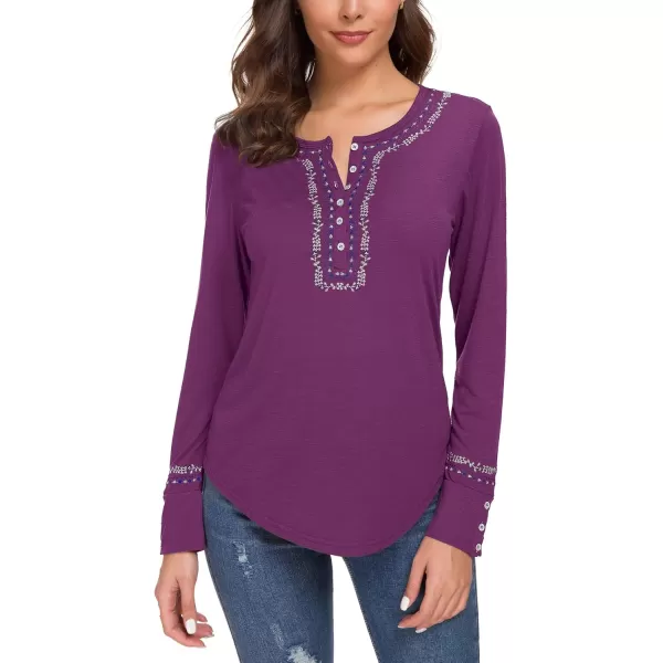 Urban CoCo Womens Long Sleeve Boho Shirt Embroidered TopGrape Purple