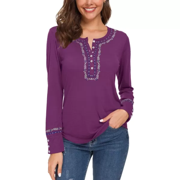 Urban CoCo Womens Long Sleeve Boho Shirt Embroidered TopGrape Purple