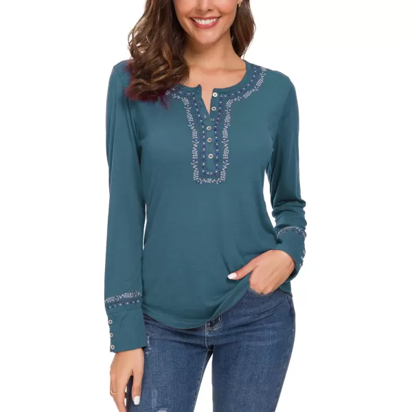 Urban CoCo Womens Long Sleeve Boho Shirt Embroidered TopInk Blue