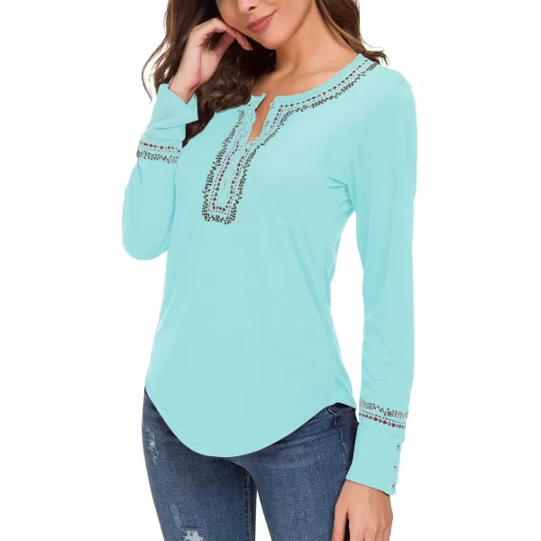 Urban CoCo Womens Long Sleeve Boho Shirt Embroidered TopLight Blue