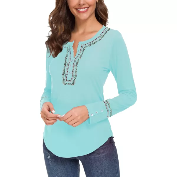 Urban CoCo Womens Long Sleeve Boho Shirt Embroidered TopLight Blue