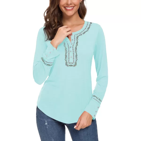 Urban CoCo Womens Long Sleeve Boho Shirt Embroidered TopLight Blue
