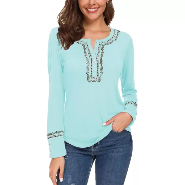 Urban CoCo Womens Long Sleeve Boho Shirt Embroidered TopLight Blue