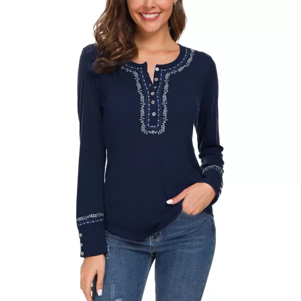 Urban CoCo Womens Long Sleeve Boho Shirt Embroidered TopNavy Blue