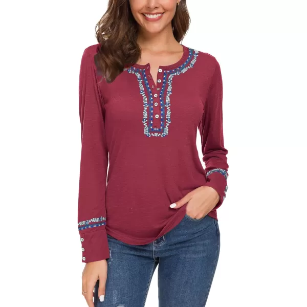 Urban CoCo Womens Long Sleeve Boho Shirt Embroidered TopWine Red