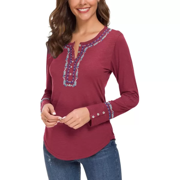 Urban CoCo Womens Long Sleeve Boho Shirt Embroidered TopWine Red