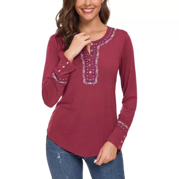 Urban CoCo Womens Long Sleeve Boho Shirt Embroidered TopWine Red