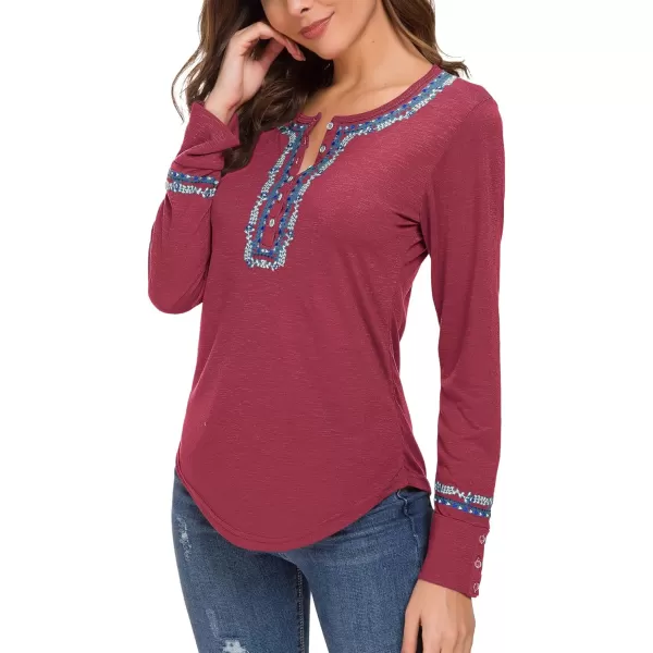 Urban CoCo Womens Long Sleeve Boho Shirt Embroidered TopWine Red