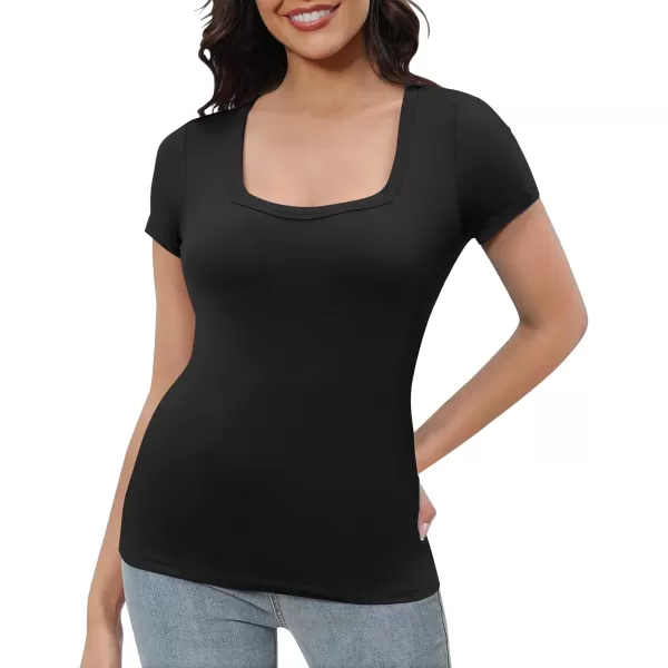 Urban CoCo Womens Short Sleeve Slim Fitted T Shirt Square Neck Stretchy Basic Tops TeeBlack