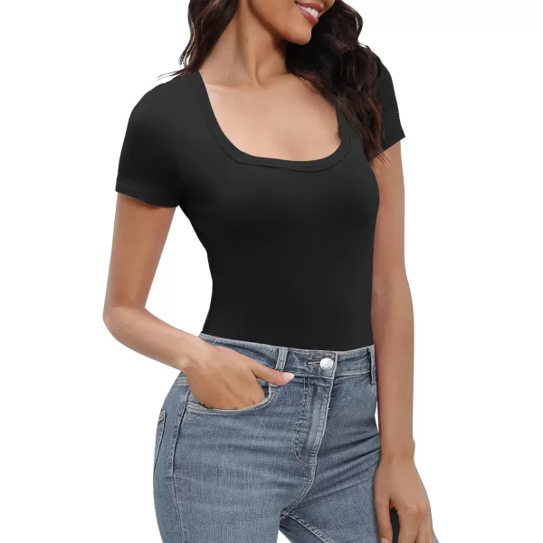 Urban CoCo Womens Short Sleeve Slim Fitted T Shirt Square Neck Stretchy Basic Tops TeeBlack