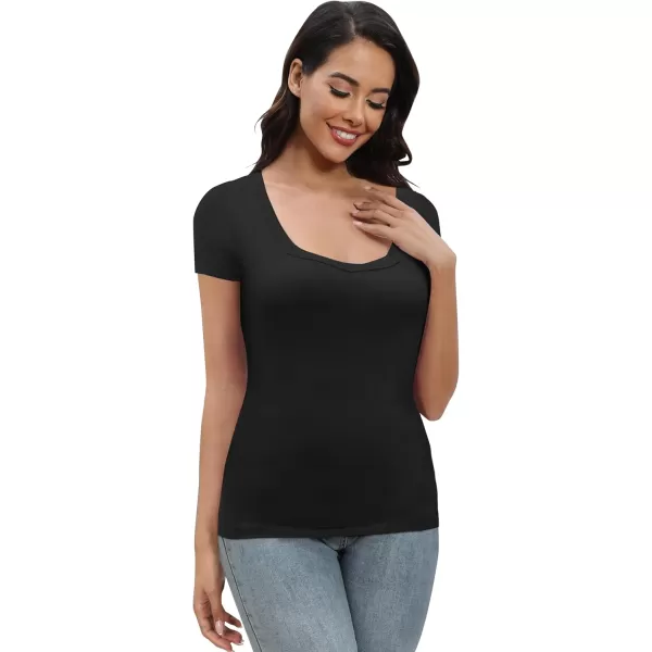 Urban CoCo Womens Short Sleeve Slim Fitted T Shirt Square Neck Stretchy Basic Tops TeeBlack