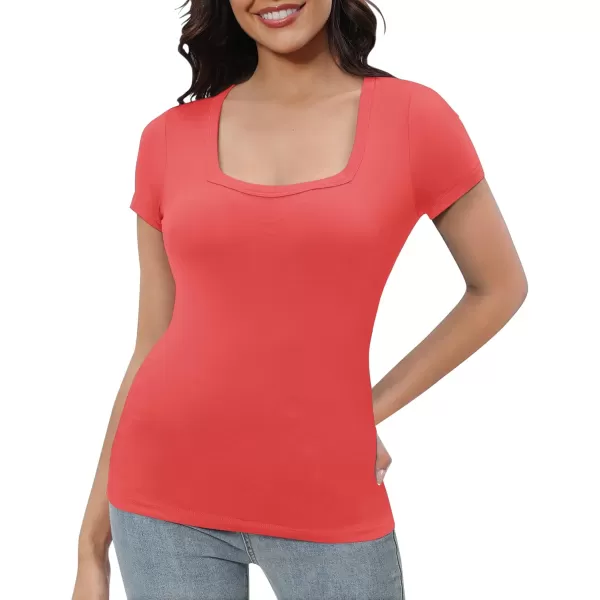 Urban CoCo Womens Short Sleeve Slim Fitted T Shirt Square Neck Stretchy Basic Tops TeeCoral