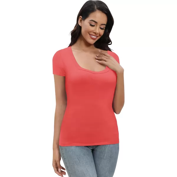 Urban CoCo Womens Short Sleeve Slim Fitted T Shirt Square Neck Stretchy Basic Tops TeeCoral