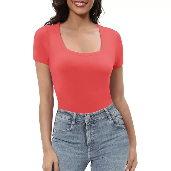 Urban CoCo Womens Short Sleeve Slim Fitted T Shirt Square Neck Stretchy Basic Tops TeeCoral