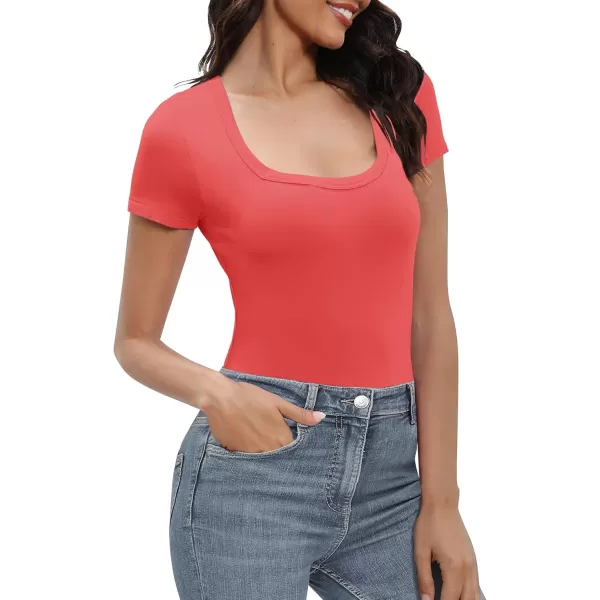 Urban CoCo Womens Short Sleeve Slim Fitted T Shirt Square Neck Stretchy Basic Tops TeeCoral