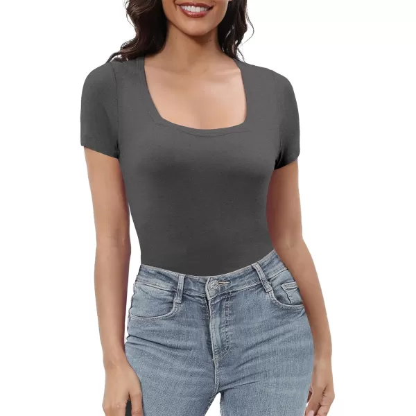 Urban CoCo Womens Short Sleeve Slim Fitted T Shirt Square Neck Stretchy Basic Tops TeeDeep Gray