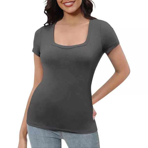 Urban CoCo Womens Short Sleeve Slim Fitted T Shirt Square Neck Stretchy Basic Tops TeeDeep Gray