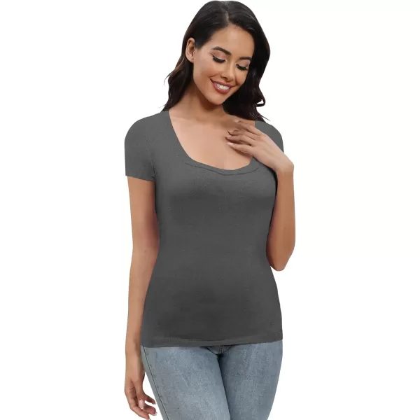 Urban CoCo Womens Short Sleeve Slim Fitted T Shirt Square Neck Stretchy Basic Tops TeeDeep Gray