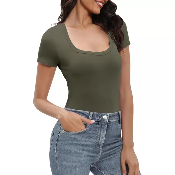 Urban CoCo Womens Short Sleeve Slim Fitted T Shirt Square Neck Stretchy Basic Tops TeeGreen