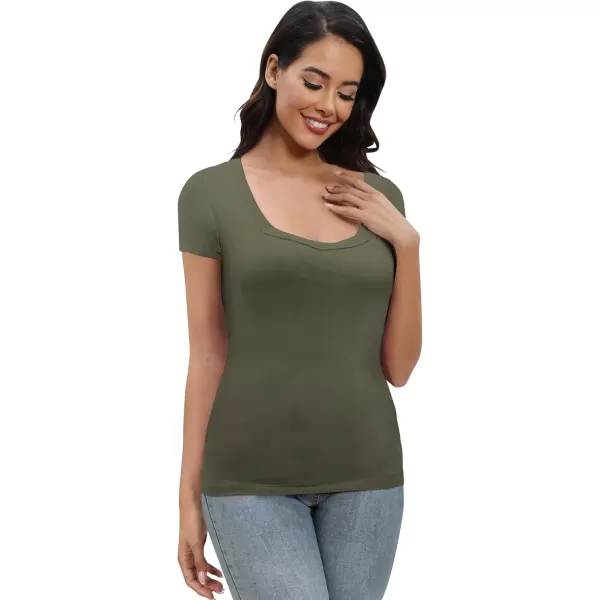 Urban CoCo Womens Short Sleeve Slim Fitted T Shirt Square Neck Stretchy Basic Tops TeeGreen