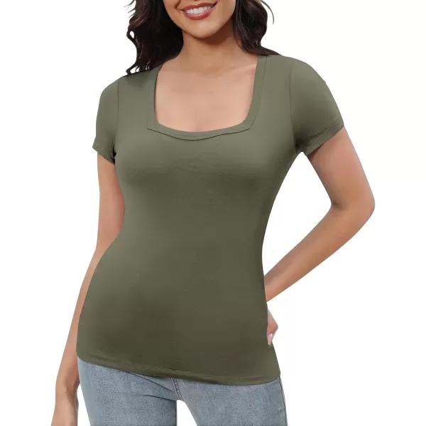 Urban CoCo Womens Short Sleeve Slim Fitted T Shirt Square Neck Stretchy Basic Tops TeeGreen
