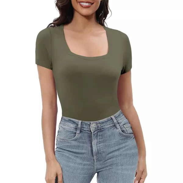 Urban CoCo Womens Short Sleeve Slim Fitted T Shirt Square Neck Stretchy Basic Tops TeeGreen