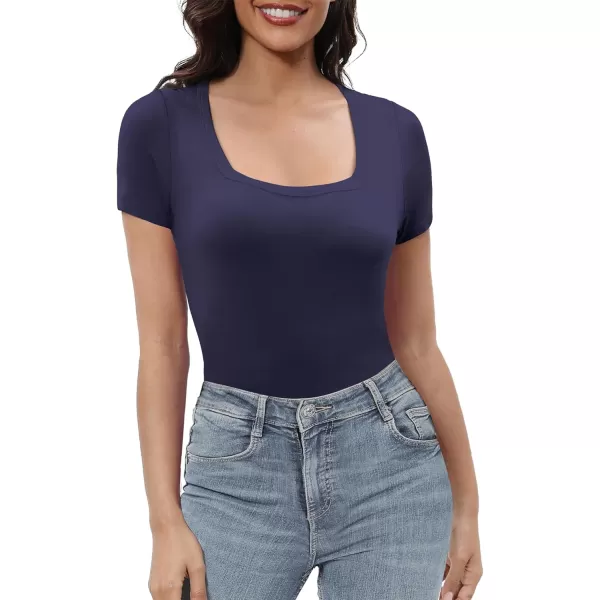 Urban CoCo Womens Short Sleeve Slim Fitted T Shirt Square Neck Stretchy Basic Tops TeeNavy Blue