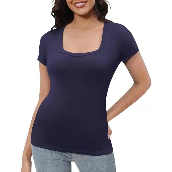 Urban CoCo Womens Short Sleeve Slim Fitted T Shirt Square Neck Stretchy Basic Tops TeeNavy Blue