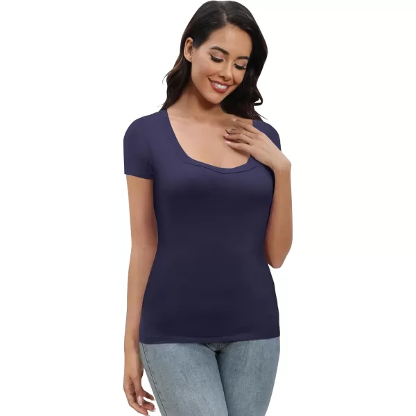 Urban CoCo Womens Short Sleeve Slim Fitted T Shirt Square Neck Stretchy Basic Tops TeeNavy Blue