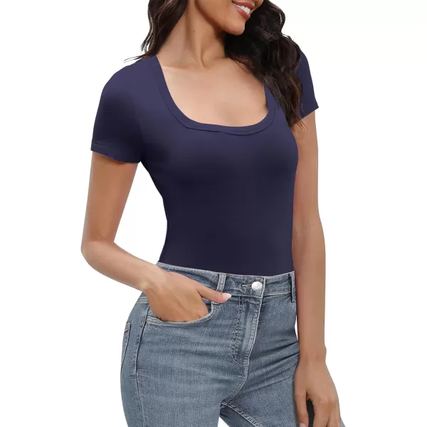 Urban CoCo Womens Short Sleeve Slim Fitted T Shirt Square Neck Stretchy Basic Tops TeeNavy Blue