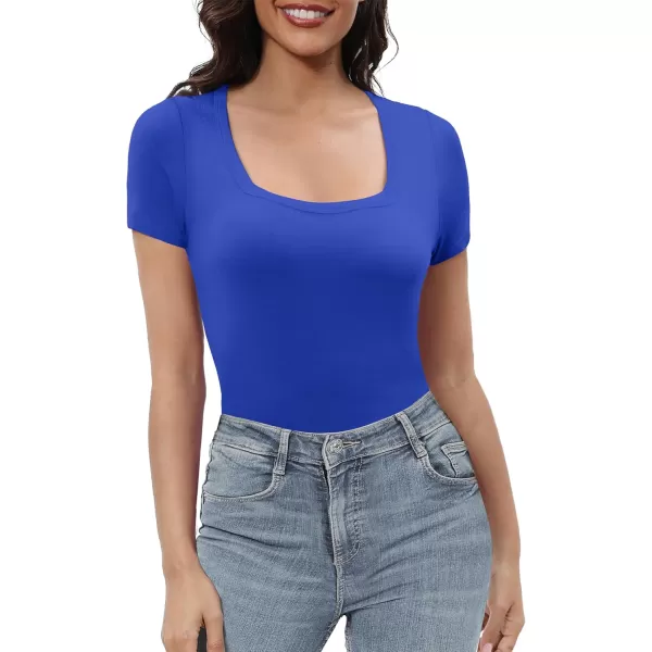 Urban CoCo Womens Short Sleeve Slim Fitted T Shirt Square Neck Stretchy Basic Tops TeeRoyal Blue
