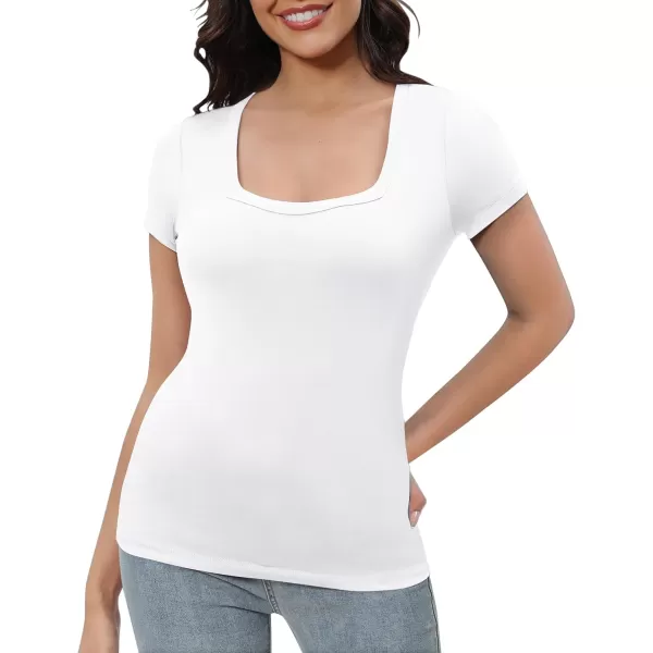 Urban CoCo Womens Short Sleeve Slim Fitted T Shirt Square Neck Stretchy Basic Tops TeeWhite