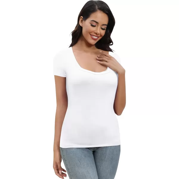 Urban CoCo Womens Short Sleeve Slim Fitted T Shirt Square Neck Stretchy Basic Tops TeeWhite