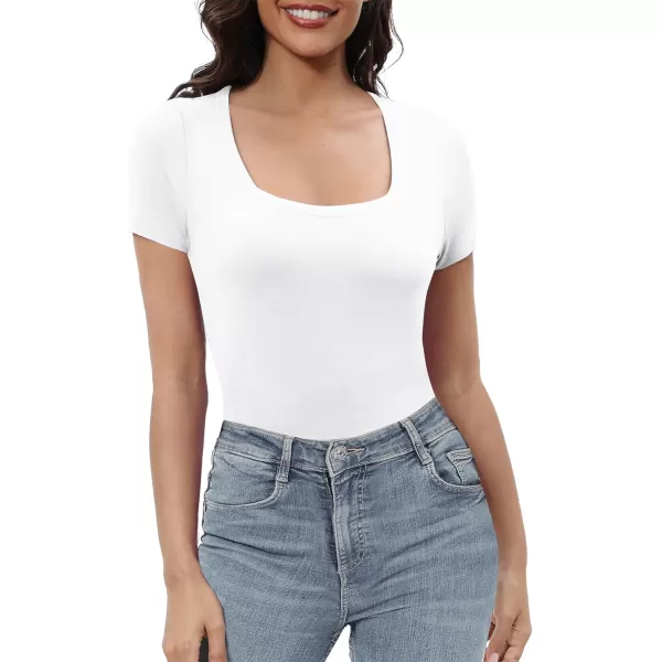 Urban CoCo Womens Short Sleeve Slim Fitted T Shirt Square Neck Stretchy Basic Tops TeeWhite