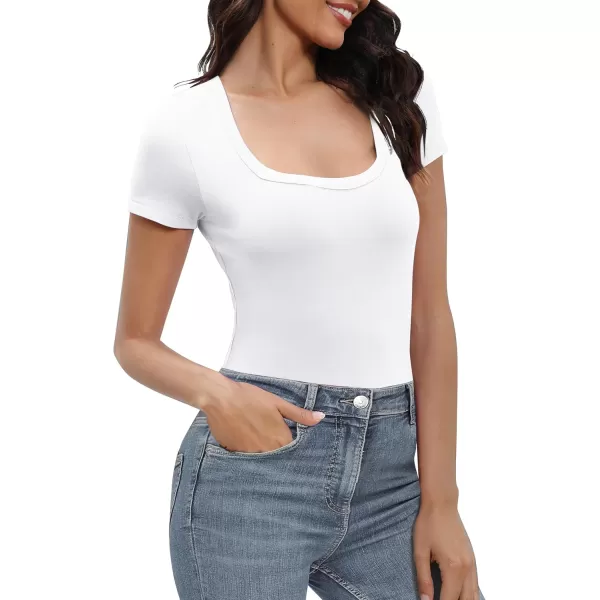 Urban CoCo Womens Short Sleeve Slim Fitted T Shirt Square Neck Stretchy Basic Tops TeeWhite