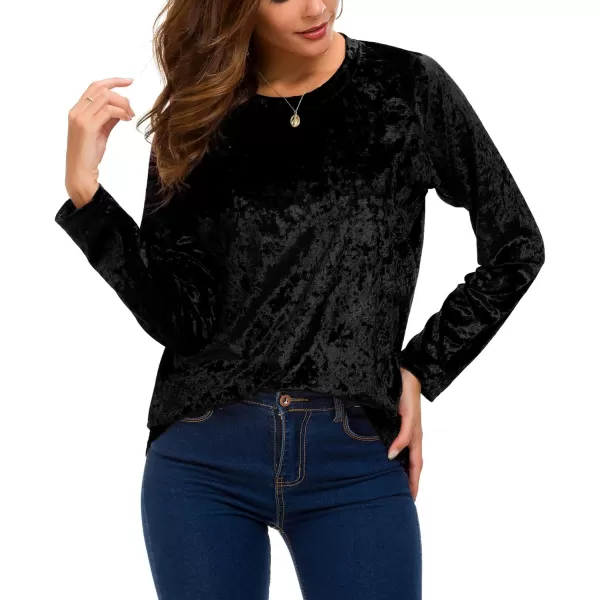 Urban CoCo Womens Vintage Velvet TShirt Casual Long Sleeve TopBlack