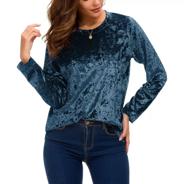Urban CoCo Womens Vintage Velvet TShirt Casual Long Sleeve TopBlue