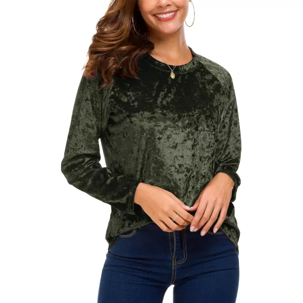 Urban CoCo Womens Vintage Velvet TShirt Casual Long Sleeve TopGreen