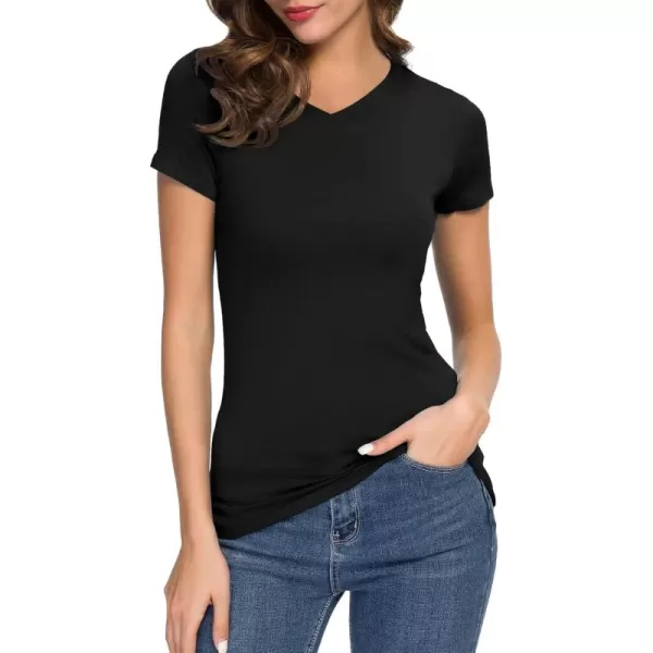 Urban CoCo Womens Basic Slim Fitted Tee Tops Short Sleeve Stretchy Bodycon VNeck Tight TShirtBlack