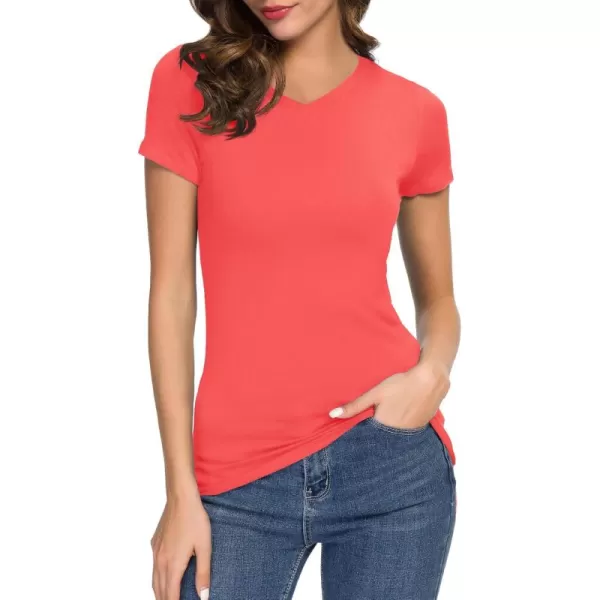 Urban CoCo Womens Basic Slim Fitted Tee Tops Short Sleeve Stretchy Bodycon VNeck Tight TShirtCoral