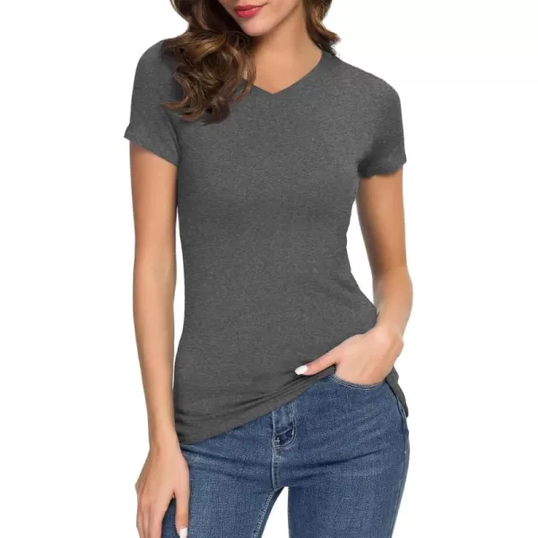 Urban CoCo Womens Basic Slim Fitted Tee Tops Short Sleeve Stretchy Bodycon VNeck Tight TShirtDark Grey