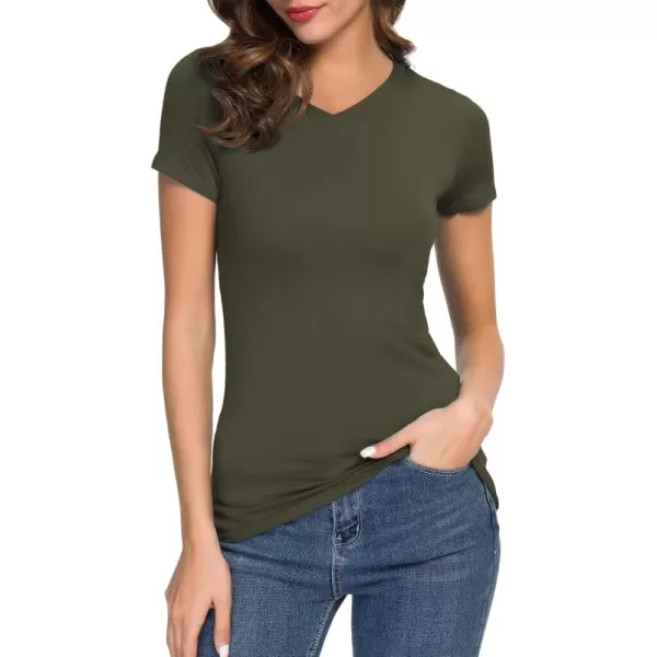 Urban CoCo Womens Basic Slim Fitted Tee Tops Short Sleeve Stretchy Bodycon VNeck Tight TShirtGreen