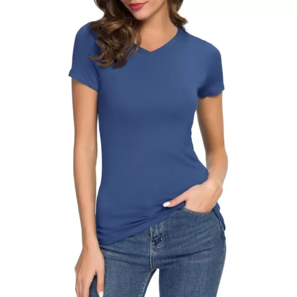 Urban CoCo Womens Basic Slim Fitted Tee Tops Short Sleeve Stretchy Bodycon VNeck Tight TShirtIndigo Blue