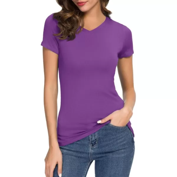 Urban CoCo Womens Basic Slim Fitted Tee Tops Short Sleeve Stretchy Bodycon VNeck Tight TShirtLight Purple
