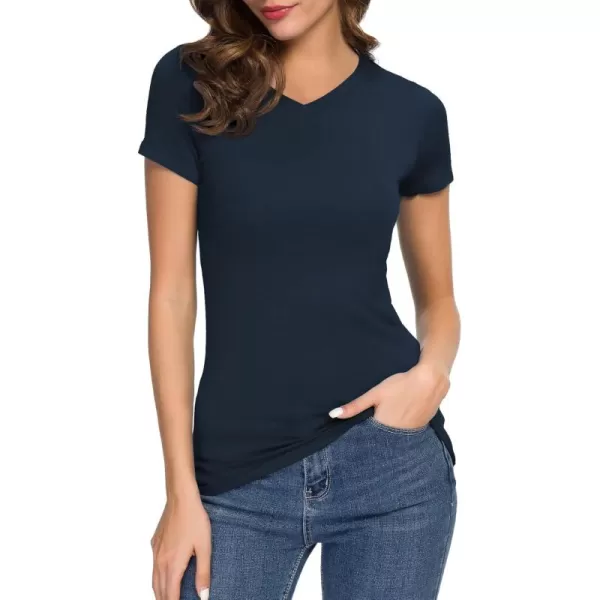 Urban CoCo Womens Basic Slim Fitted Tee Tops Short Sleeve Stretchy Bodycon VNeck Tight TShirtNavy Blue