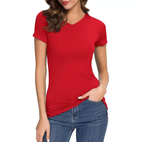 Urban CoCo Womens Basic Slim Fitted Tee Tops Short Sleeve Stretchy Bodycon VNeck Tight TShirtRed